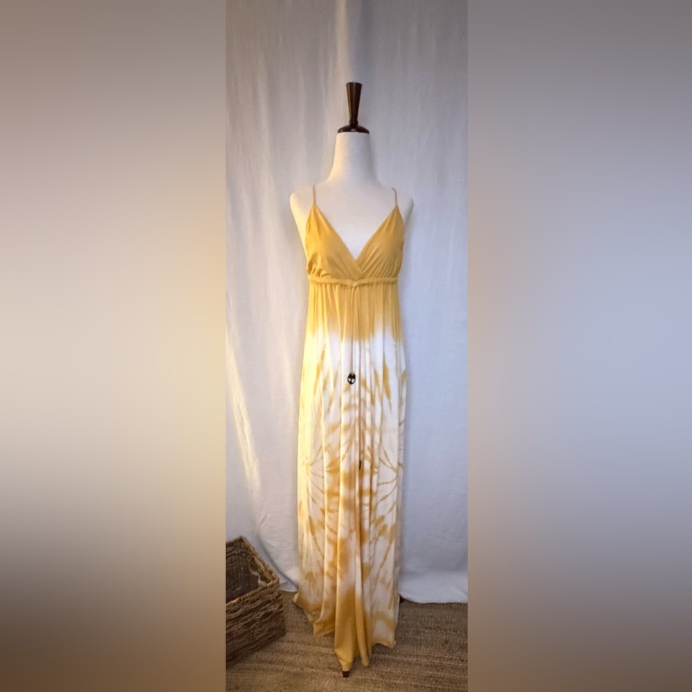 Vintage Gypsy 05 Yellow Cotton Tie Dye Maxi Dress, Adjustable Spaghetti Straps